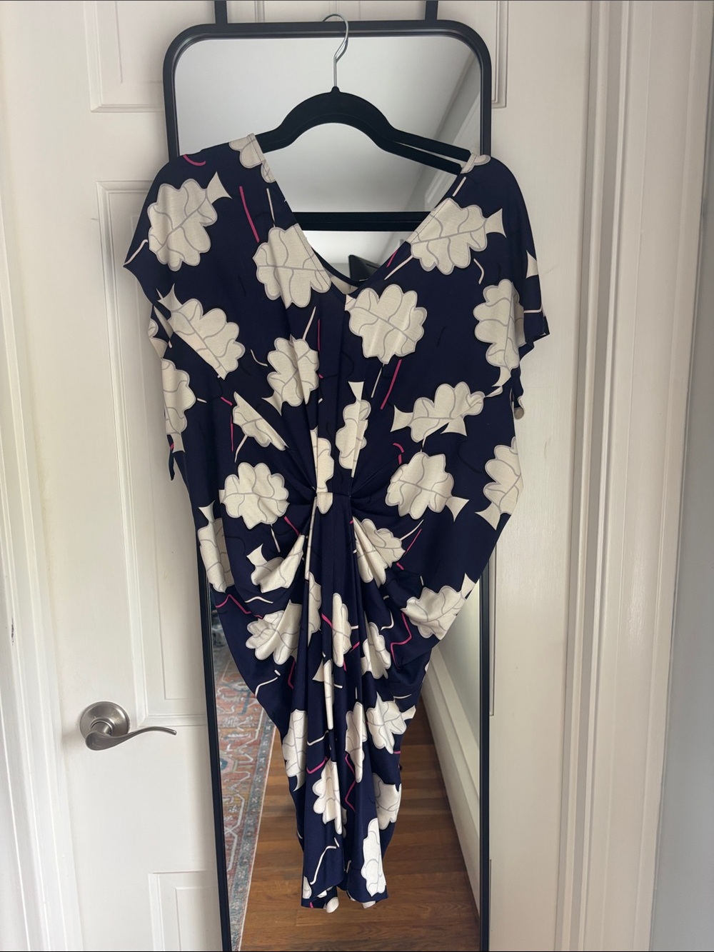 Diane Von Furstenberg Navy Floral Twist-Front Midi Dress with Cream Flowers